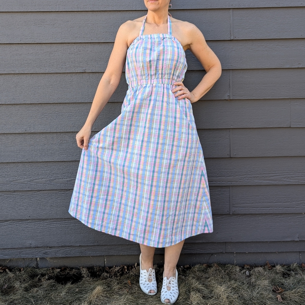 vintage SEERSUCKER DRESS halter or strapless S